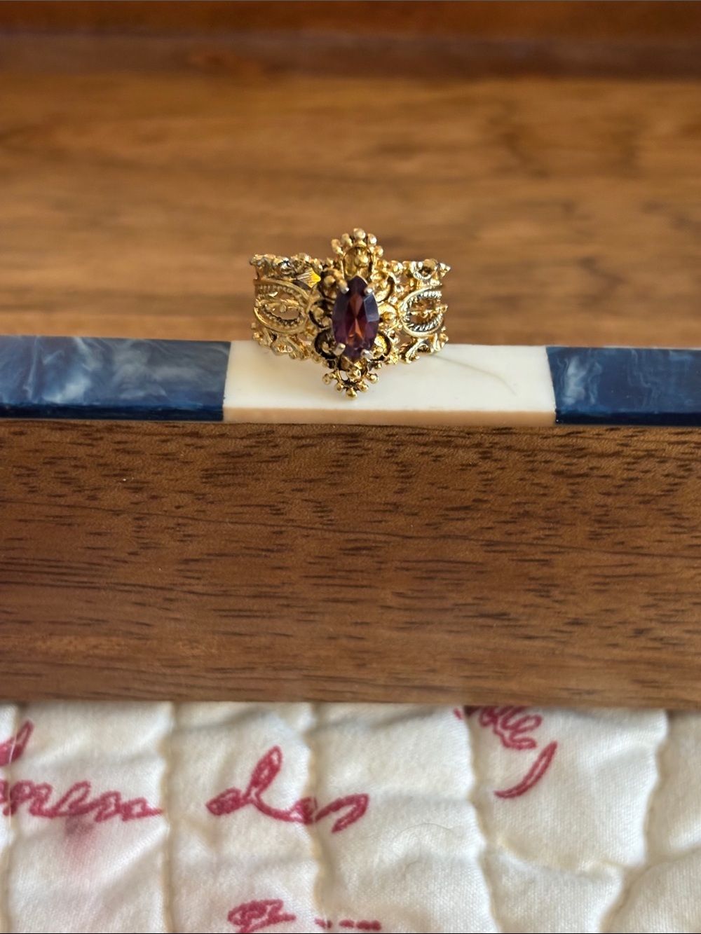 Fashion Gold Tone Filigree Ring with Purple Marquise Stone SZ 9